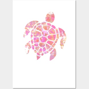 Sea Turtle Design in Pink and Orange Paint Drops Pattern Posters and Art